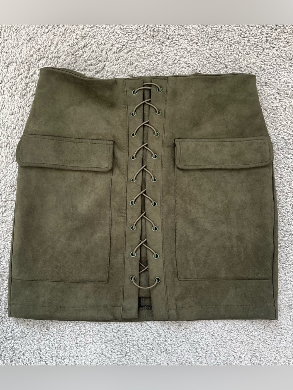 Olive Green Lace-Up Suede Mini Skirt